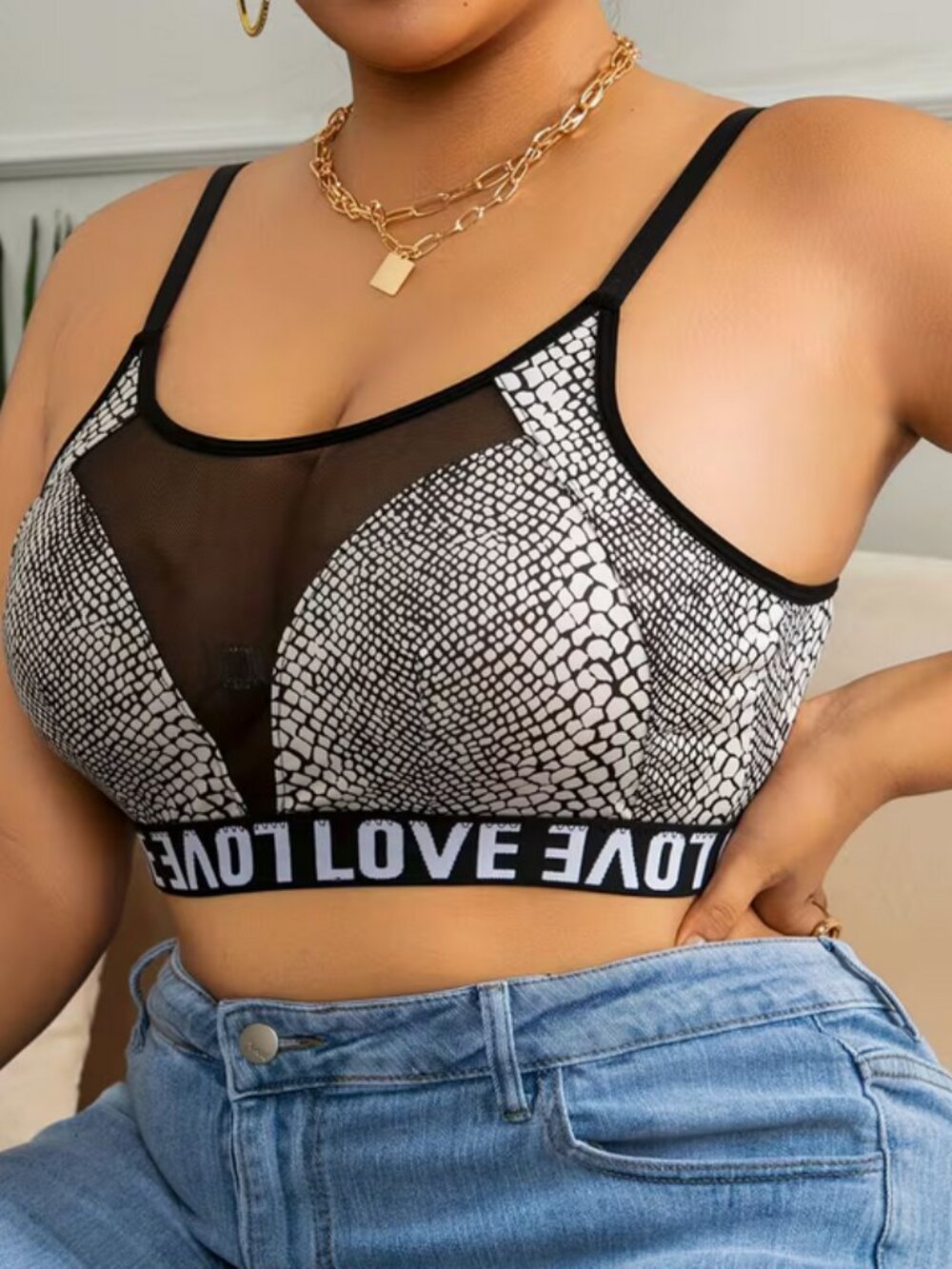Plus Sexy Wireless LOVE Bra B/W Snakeskin Mesh Adjustable Straps Stretch 4X - Picture 3 of 5